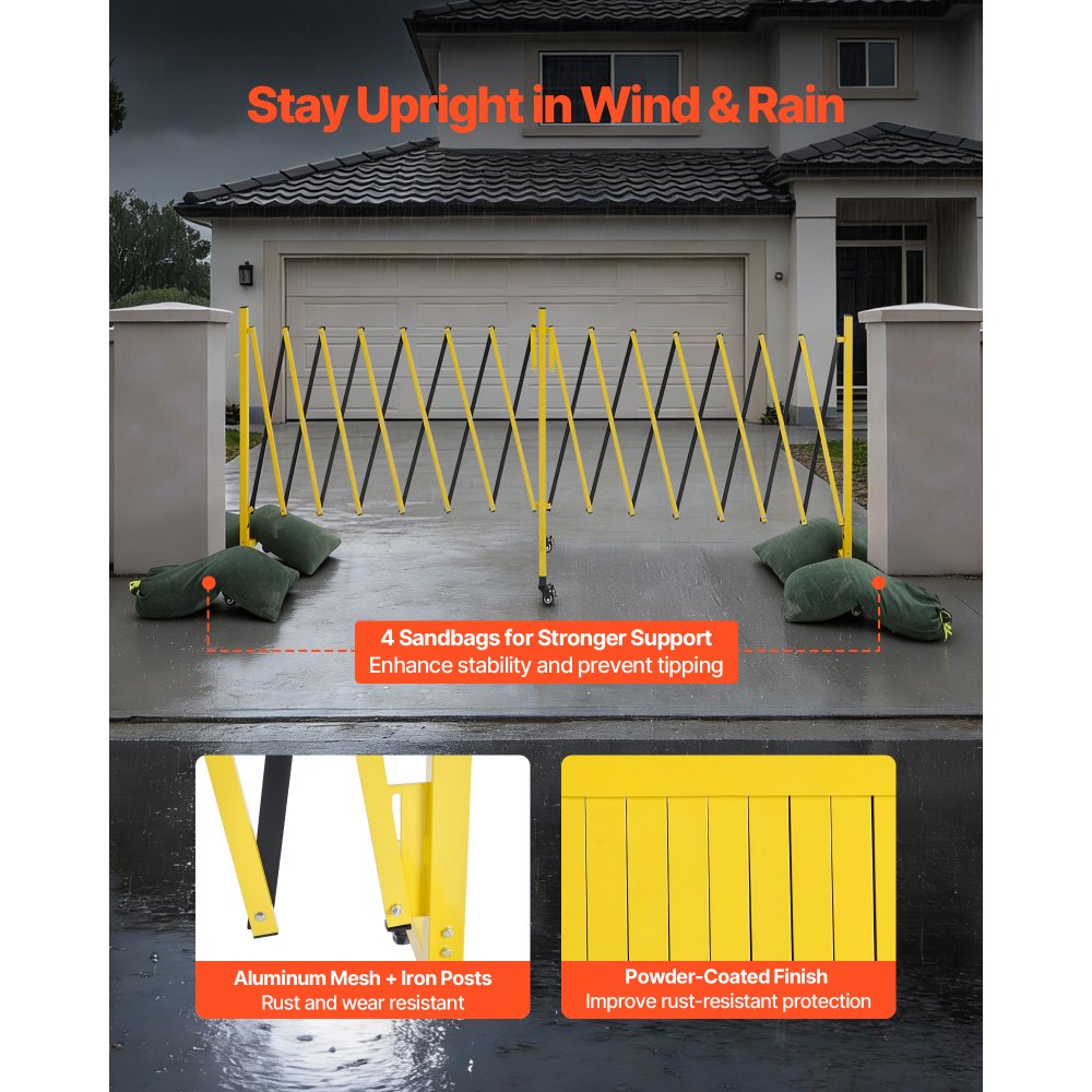 VEVOR Double Expandable Barricades, 7.66m Industrial Safety Barriers, Flexible Mobile Barricade with Locking Casters, Portable Folding Security Gate Metal Traffic Fence for Driveway Warehouse Elevator