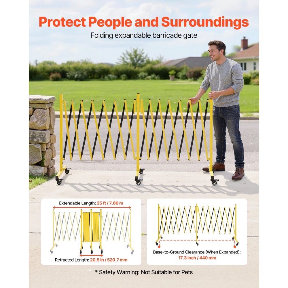 VEVOR Double Expandable Barricades, 7.66m Industrial Safety Barriers, Flexible Mobile Barricade with Locking Casters, Portable Folding Security Gate Metal Traffic Fence for Driveway Warehouse Elevator