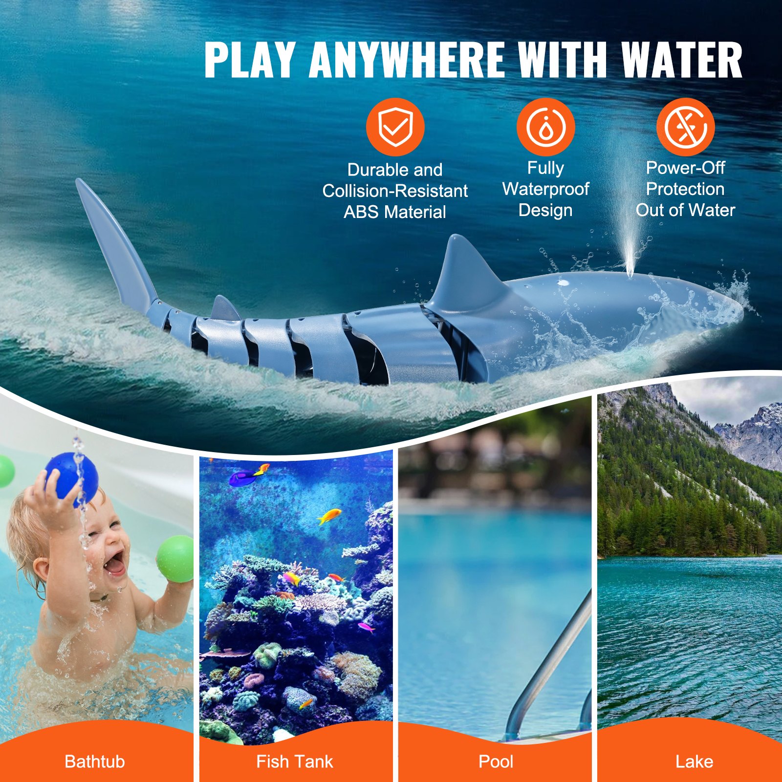 VEVOR Remote Controlled Shark Toy, 2.4 GHz Highly Simulated Remote Controlled Shark Boat for Swimming Pool and Bathroom, Electric Remote Controlled Shark Fish Toy with 2 Batteries, Light and Spray Water Function for Boys and Girls Ages 6 and Up
