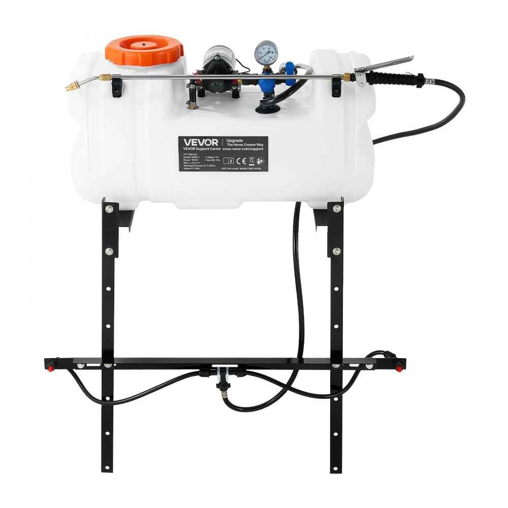 VEVOR ATV Spot Sprayer 60L/15.9 Gal 12V Pump ATV/UTV Broadcast Sprayer, for Garden Farm, 7.2 L/min Flow Rate, Adjustable 0-72 PSI, Weed Spray with Brass Nozzle, Boom, Water Tank, 6.1 m Hose, White