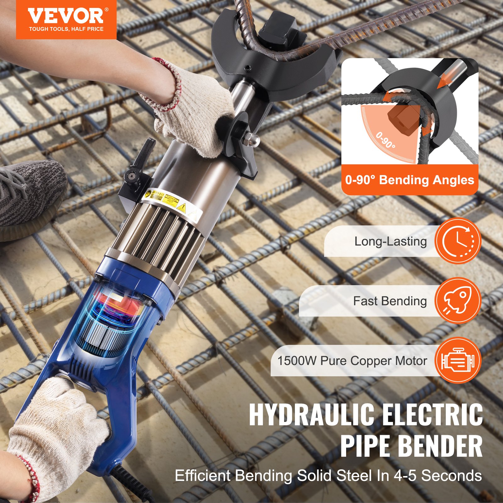 Elektryczna hydrauliczna giętarka do prętów zbrojeniowych VEVOR, maszyna do gięcia prętów zbrojeniowych o mocy 1500 W, gięcie prętów zbrojeniowych o średnicy do 12-22 mm w ciągu 4 sekund, giętarka z pojemnikiem na olej w walizce narzędziowej