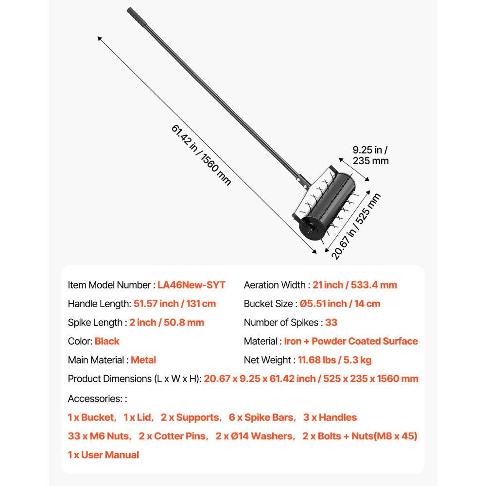 Wertykulator VEVOR, 525 x 235 x 1560 mm, wertykulator do trawników, wertykulator do ubitych gleb i trawników w ogrodzie, na patio, na podwórku, czarny