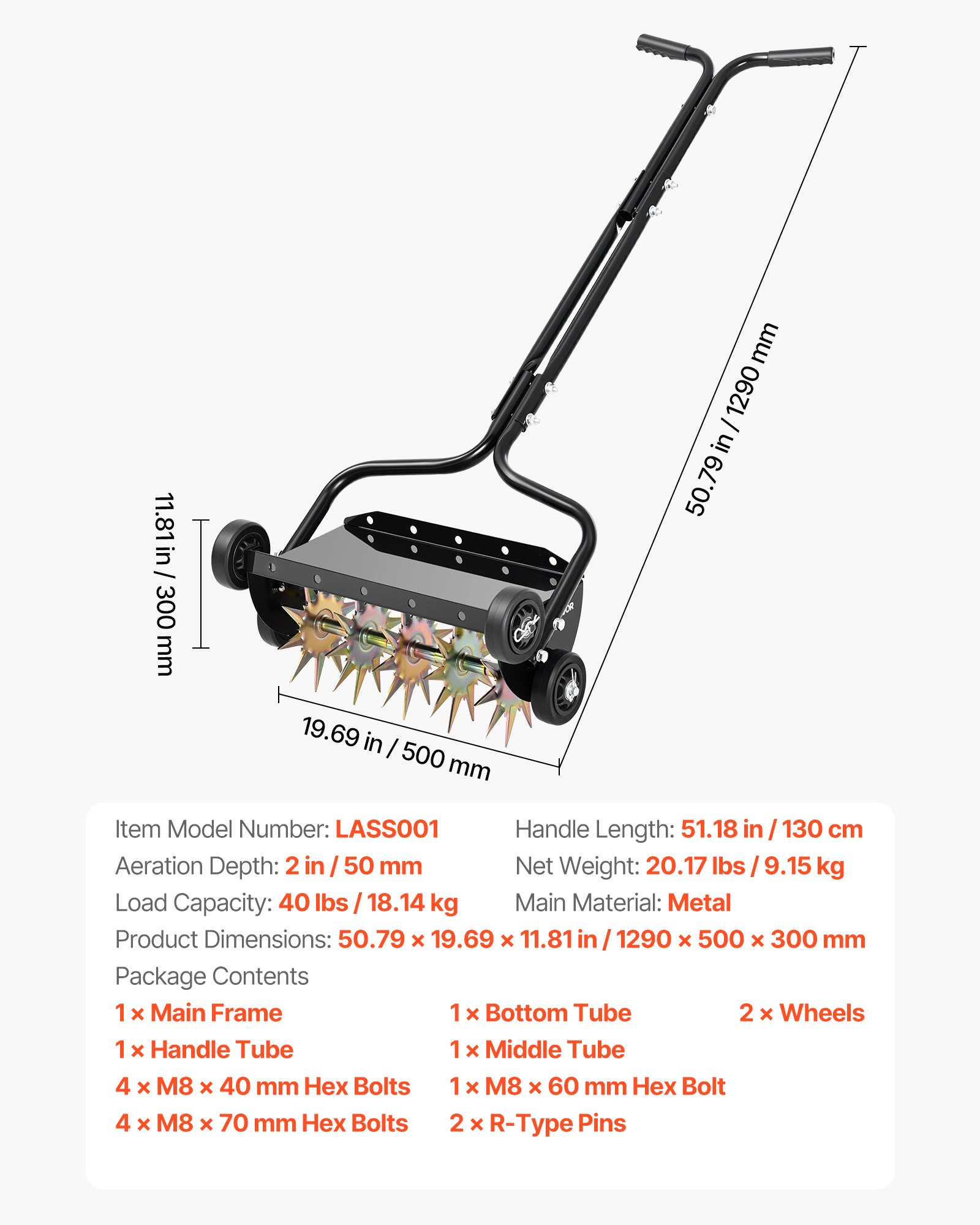 Ręczny wertykulator do trawnika VEVOR 45 cm, wertykulator do trawnika o głębokości roboczej 5 cm i 4 rolkach, 18 kg, wytrzymały, stalowy wertykulator do trawnika, wertykulator do ubitych gleb, pielęgnacja trawnika, ogród, czarny