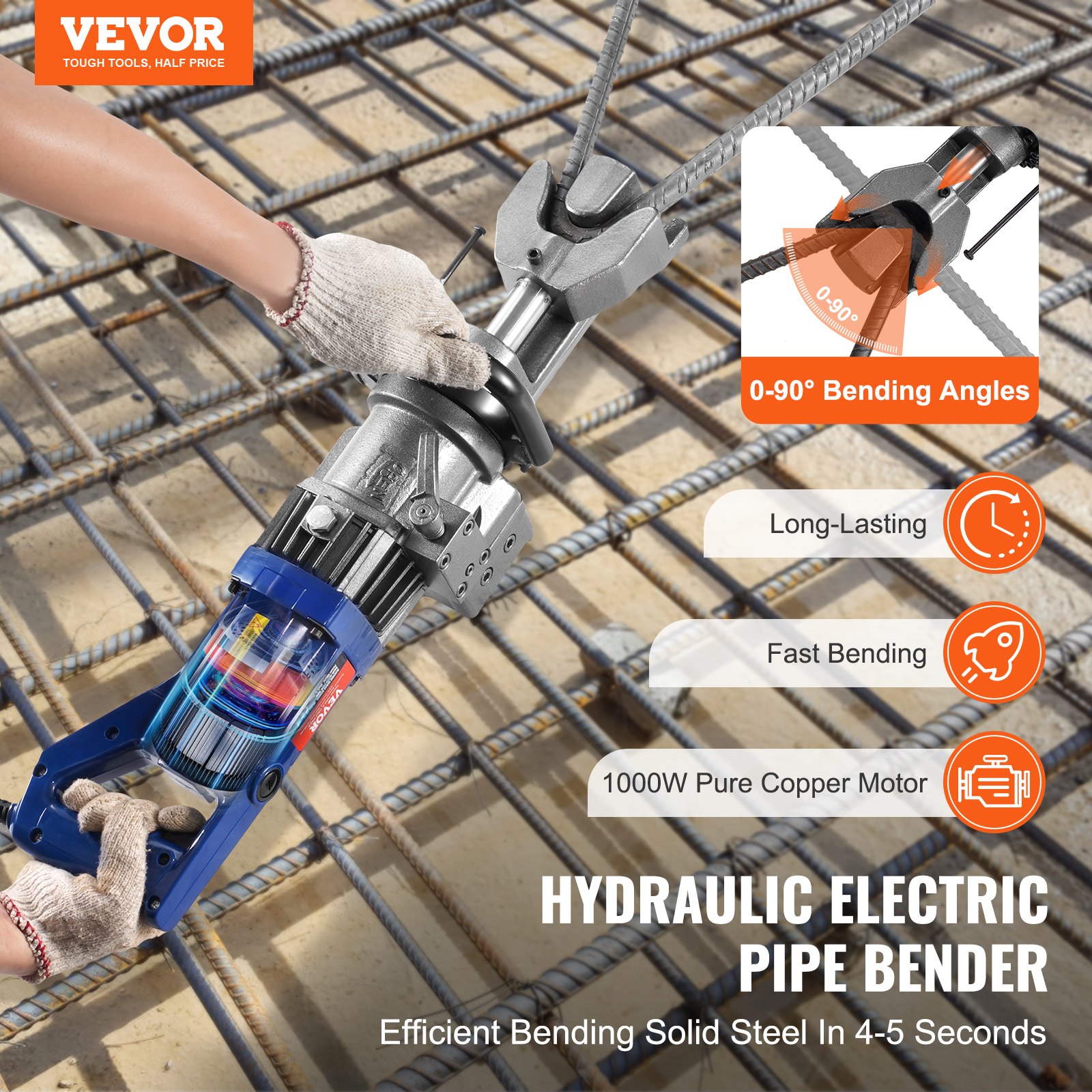 Elektryczna hydrauliczna giętarka do prętów zbrojeniowych VEVOR, przenośna giętarka o mocy 1000 W, wygina pręty zbrojeniowe o średnicy do 6-16 mm w ciągu 4 sekund, giętarka z pojemnikiem na olej, czarno-niebieska