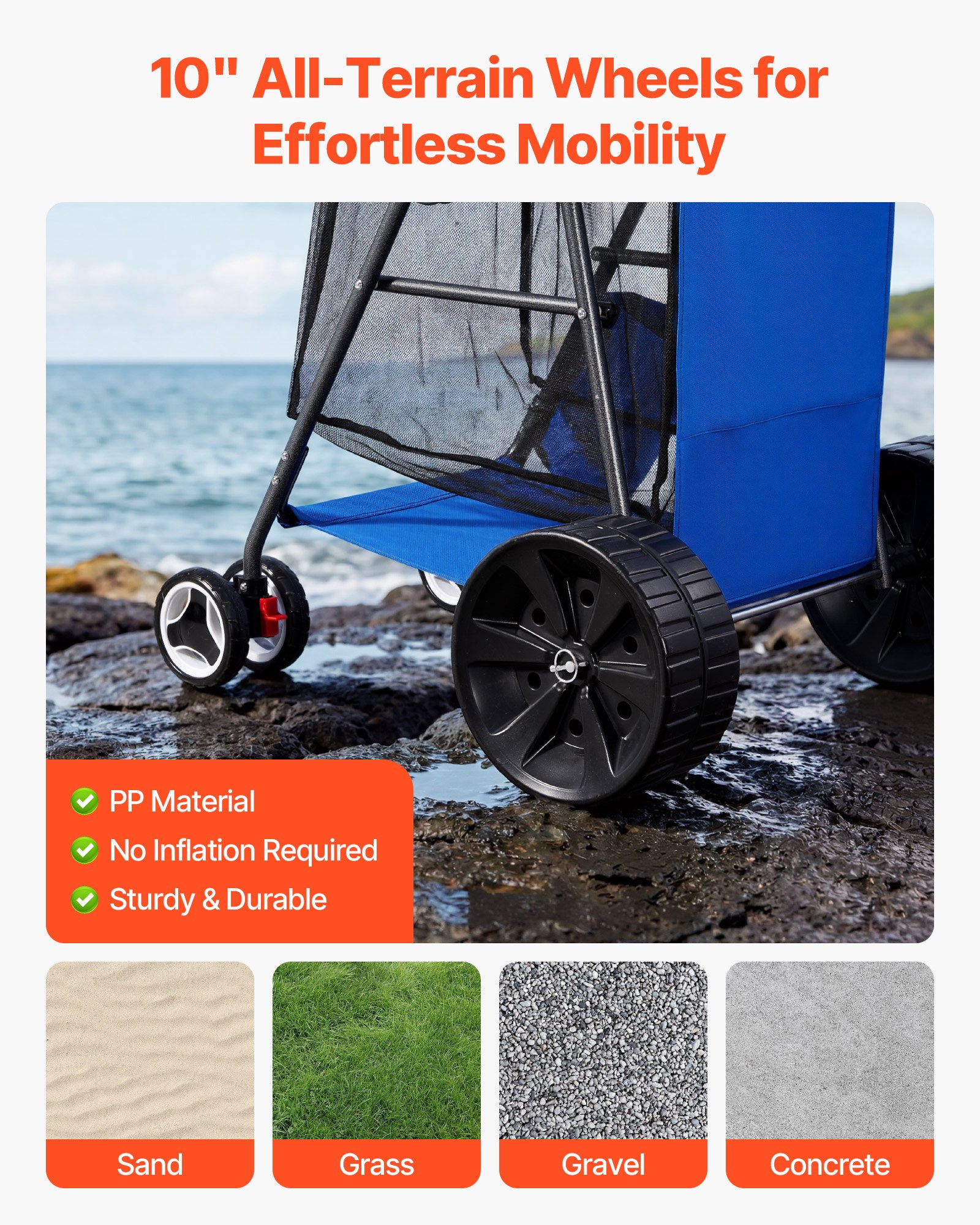 Wózek plażowy VEVOR z kołami z pełnej gumy (10 cali), składany wózek plażowy z izolowaną torbą i uchwytem na parasol, wózek ręczny (nośność 75 kg) na maksymalnie 4 leżaki plażowe, wózek plażowy idealny na kemping i wędkowanie