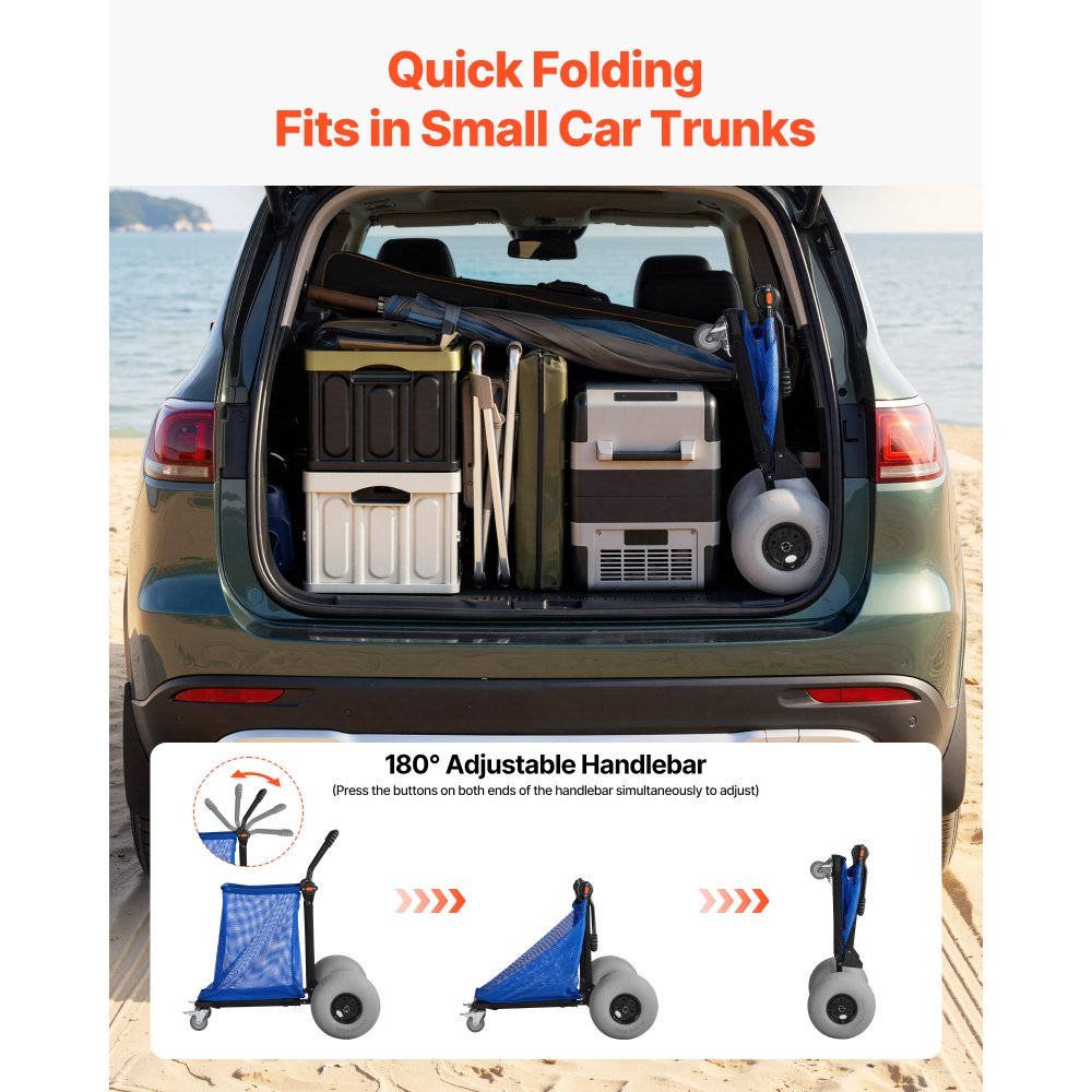 Wózek plażowy VEVOR z oponami balonowymi (12 cali), składany wózek plażowy z rączką regulowaną o 180°, pompką i aluminiową ramą, wózek ręczny (nośność 75 kg), wózek plażowy idealny na kemping, wędkowanie, do ogrodu