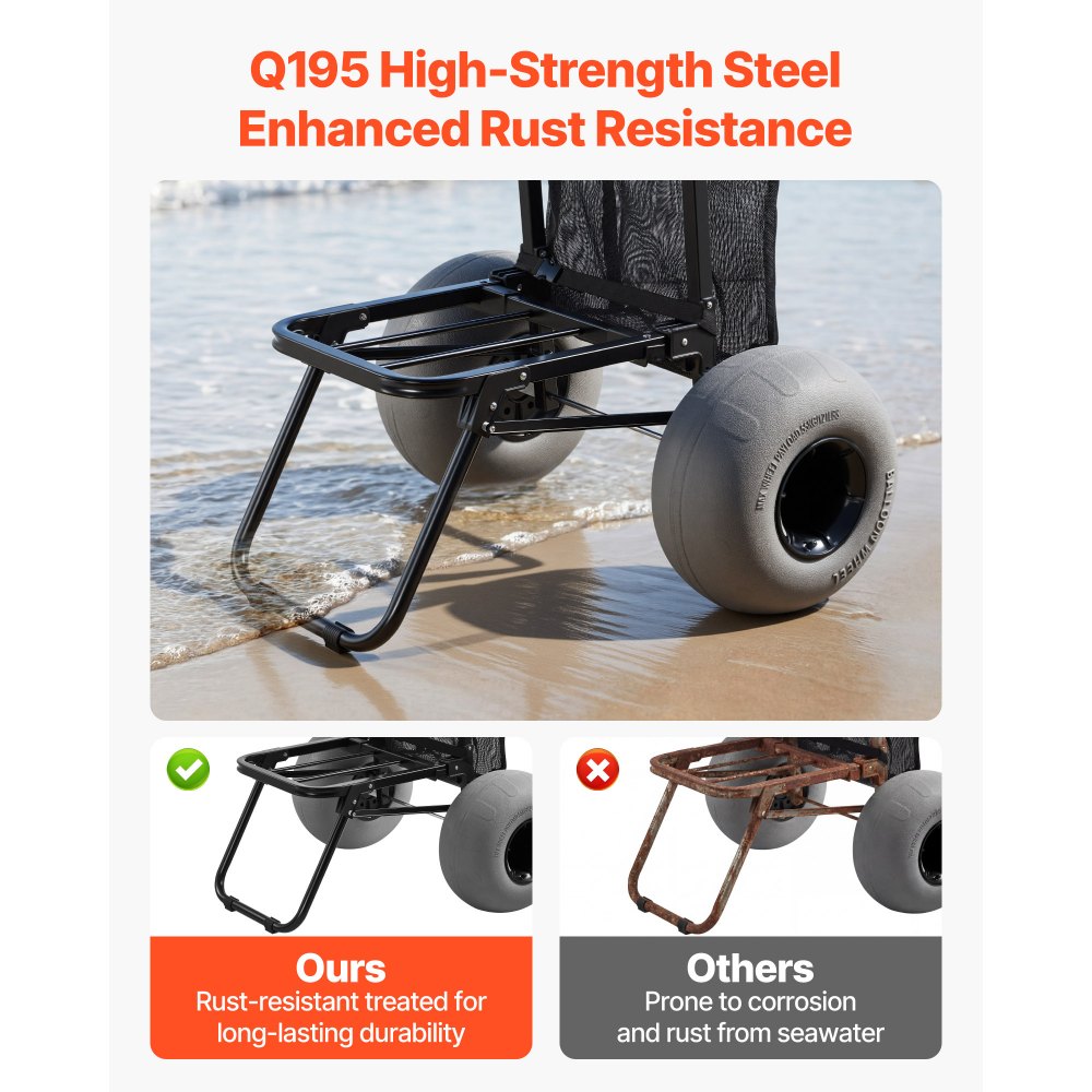 Wózek plażowy VEVOR z oponami balonowymi (12 cali), składany wózek plażowy z 4-stopniowo regulowanym uchwytem piankowym i pompką, wózek ręczny (nośność 75 kg), wózek plażowy idealny na kemping i wędkowanie