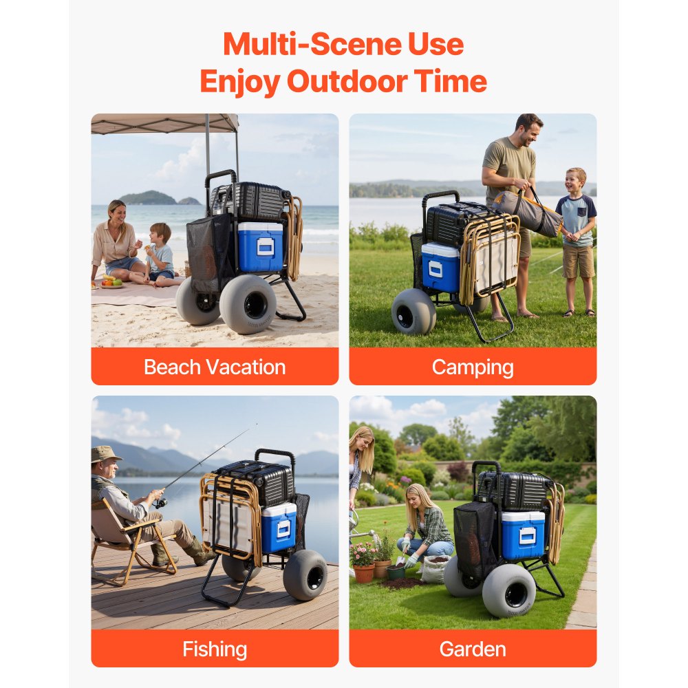 Wózek plażowy VEVOR z oponami balonowymi (12 cali), składany wózek plażowy z 4-stopniowo regulowanym uchwytem piankowym i pompką, wózek ręczny (nośność 75 kg), wózek plażowy idealny na kemping i wędkowanie