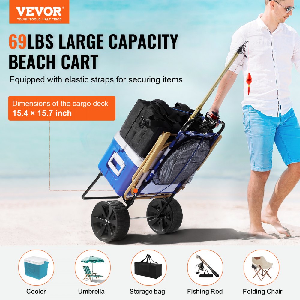 VEVOR Beach Cart, Sand Cart, 31 kg Load Capacity, Foldable Steel Sand Cart, 380 x 386 mm Hand Cart, Robust Beach Equipment Cart