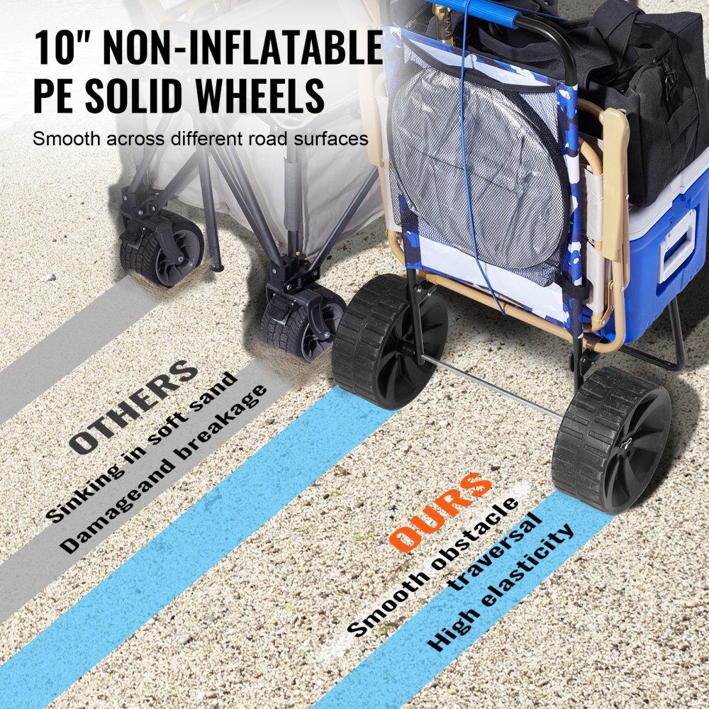 VEVOR Beach Cart, Sand Cart, 31 kg Load Capacity, Foldable Steel Sand Cart, 380 x 386 mm Hand Cart, Robust Beach Equipment Cart