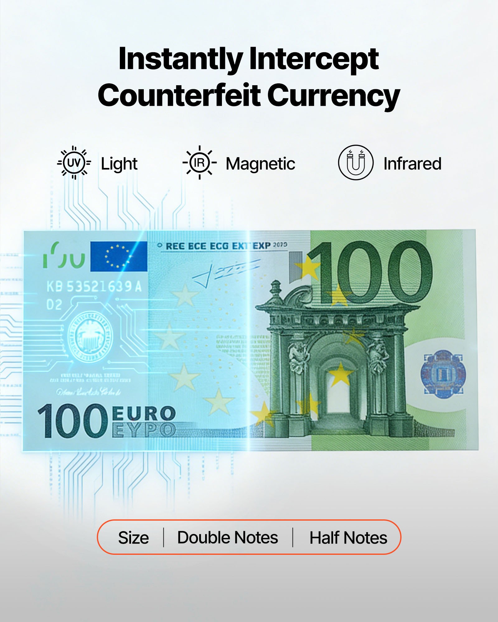 Liczarka banknotów VEVOR z systemem wykrywania fałszerstw UV/MG/IR/DD/DBL/HLF/CHN, wyświetlaczem LED, liczarką wartości, obsługuje wiele walut i banknoty mieszane, maks. 1500 banknotów/min.