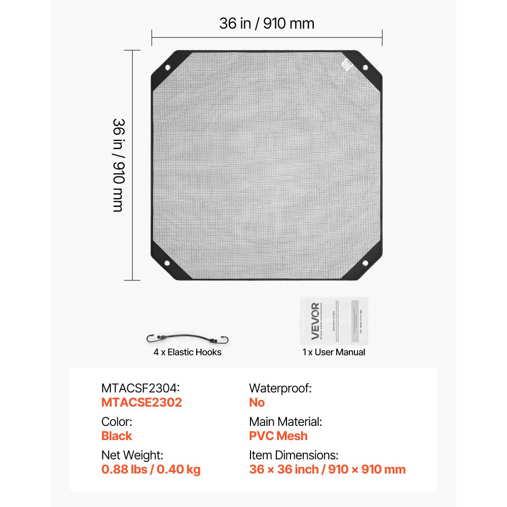 Pokrowiec na klimatyzator zewnętrzny VEVOR, 910 x 910 mm, pokrowiec ochronny na klimatyzator, siatka PVC z elastycznymi haczykami, odporny na rozdarcie, do użytku na zewnątrz, całoroczny, czarny