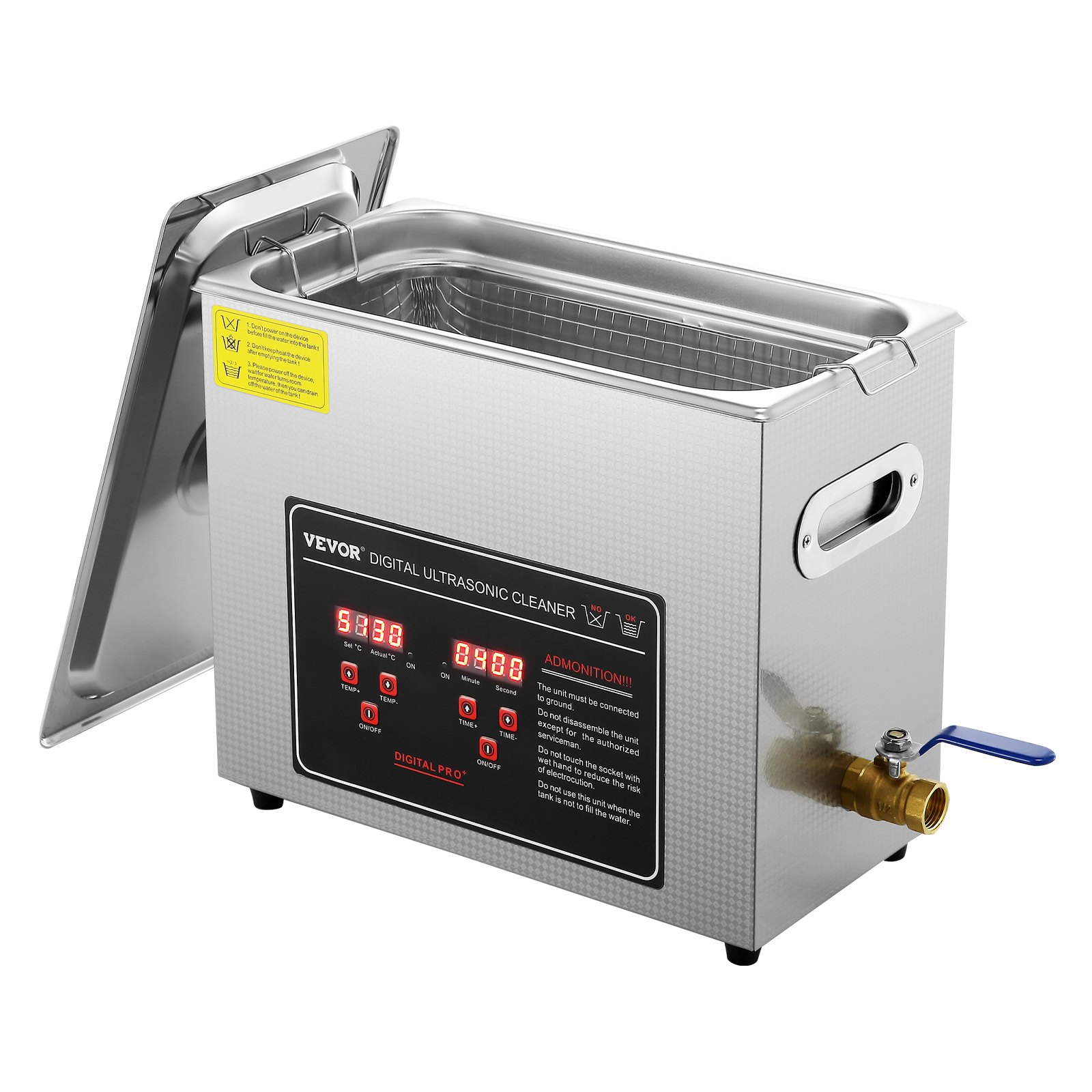 VEVOR Ultradźwiękowy środek czyszczący Urządzenie do czyszczenia stali nierdzewnej o mocy 300 W, 6 l Urządzenie do czyszczenia ultradźwiękowego z wyświetlaczem cyfrowym 0–30 min. Czyszczenie ultradźwiękowe biżuterii, okularów, zegarków itp.