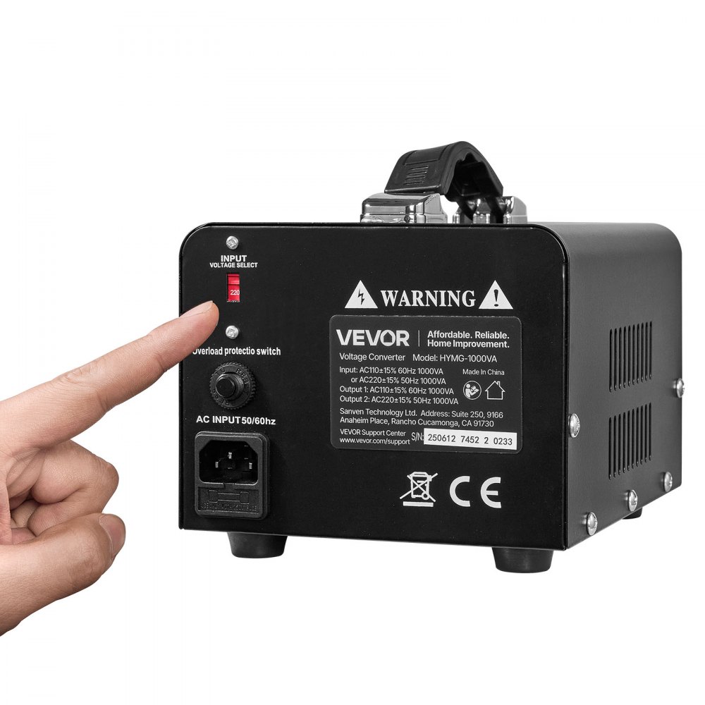 Transformator mocy VEVOR 1000VA podwyższający/obniżający napięcie, konwerter napięcia 110 V na 220 V i 220 V na 110 V z gniazdami amerykańskimi i europejskimi, przewodem zasilającym, wyłącznikiem automatycznym