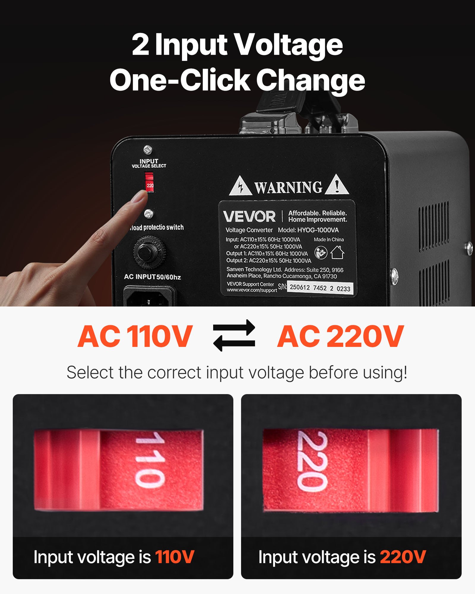 Transformator mocy VEVOR 1000VA podwyższający/obniżający napięcie, konwerter napięcia 110 V na 220 V i 220 V na 110 V z gniazdami amerykańskimi i europejskimi, przewodem zasilającym, wyłącznikiem automatycznym