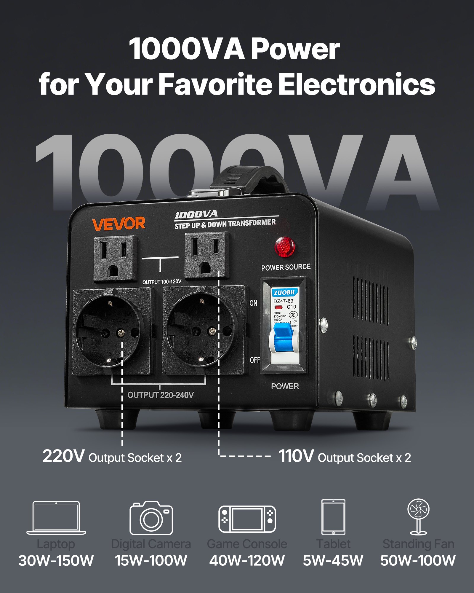 Transformator mocy VEVOR 1000VA podwyższający/obniżający napięcie, konwerter napięcia 110 V na 220 V i 220 V na 110 V z gniazdami amerykańskimi i europejskimi, przewodem zasilającym, wyłącznikiem automatycznym