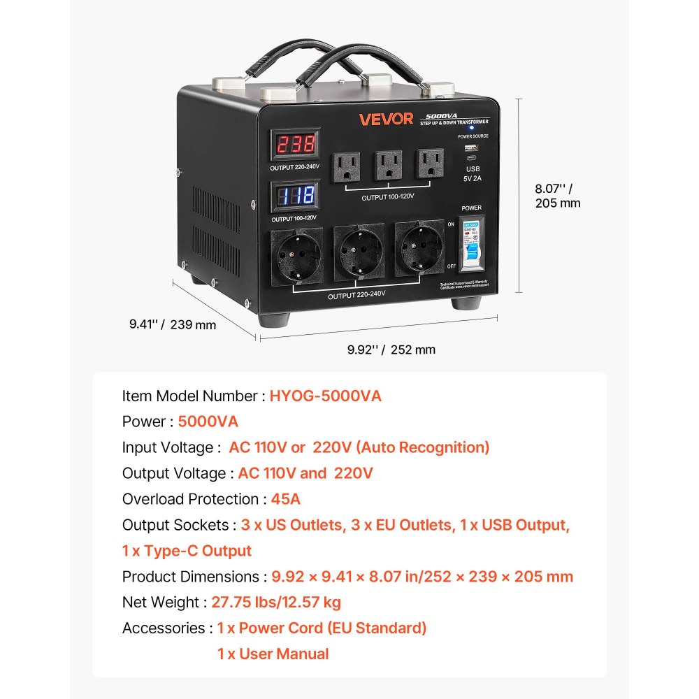 Transformator podwyższający/obniżający napięcie VEVOR 5000VA, wytrzymały transformator podwyższający/obniżający napięcie, 110 V do 220 V i 220 V do 110 V, z 3 gniazdami amerykańskimi, 3 gniazdami europejskimi, wyświetlaczem LCD i wyłącznikiem automatycznym