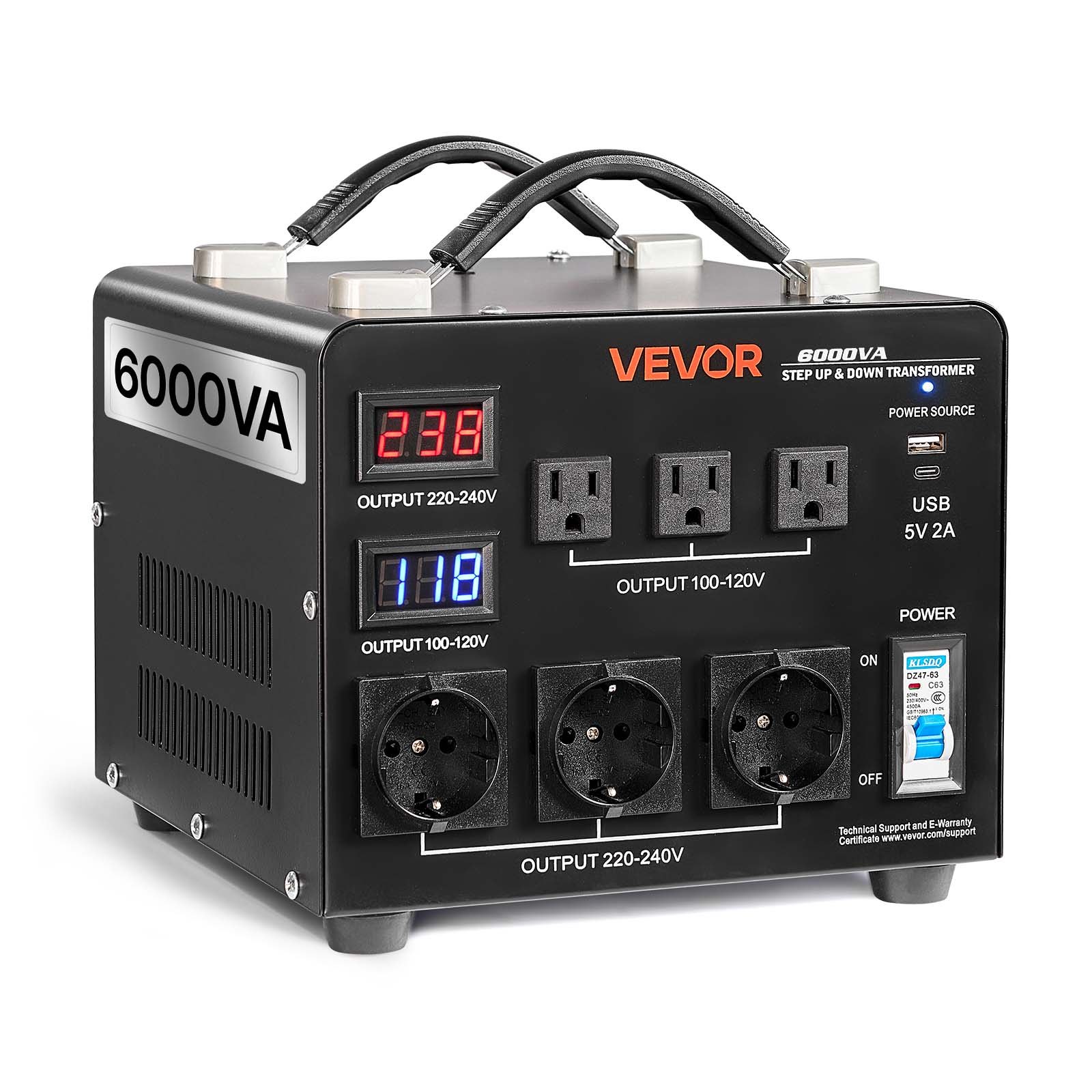 Transformator podwyższający/obniżający napięcie VEVOR 6000VA, 110 V do 220 V i 220 V do 110 V, przetwornik napięcia z 3 gniazdami amerykańskimi, 3 gniazdami europejskimi, wyświetlaczem LCD i wyłącznikiem automatycznym