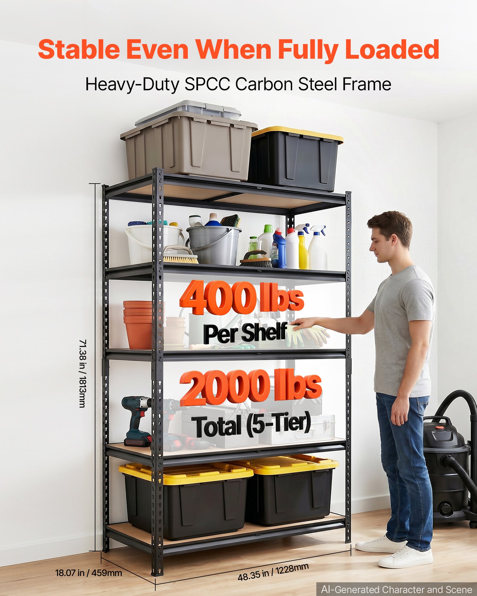 VEVOR Storage Shelves, 5-Tier Adjustable, 907.2 kg Capacity, Heavy Duty Garage Storage Shelving Unit, Metal Utility Rack Shelf, for Garage Warehouse Basement Kitchen, 1228 mm W x 459 mm D x 1813 mm H