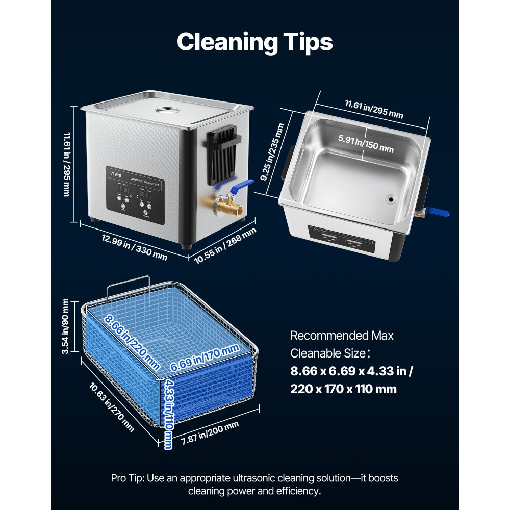 VEVOR 10L Ultrasonic Cleaner, Professional Ultrasonic Cleaner Machine with Cleaning Basket & Digital Display, 180W Stainless Steel 40kHz Cleaning Machine for Watches, Razors, Jewelry, Coins, and More