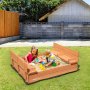 VEVOR Wooden Sandpit, 132 x 120 x 43 cm, Sandpit with Folding Benches and Ground Liner, Natural Wood Sandpit for Children for the Garden, Beach, Park, Gift for Boys and Girls Aged 3-12 Years