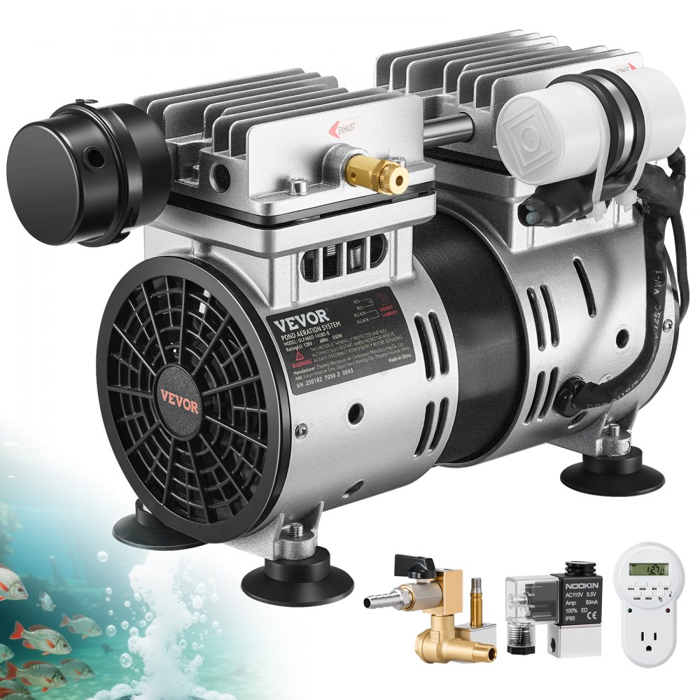 Aerator do stawu VEVOR, moc 550 W, 5,2 CFM do jeziora o powierzchni do 3 akrów i szerokości 15 m, zestaw do napowietrzania stawu obejmujący sprężarkę, timer i zawory, sprężarka powietrza do cyrkulacji tlenu w głębokiej wodzie w stawie i jeziorze