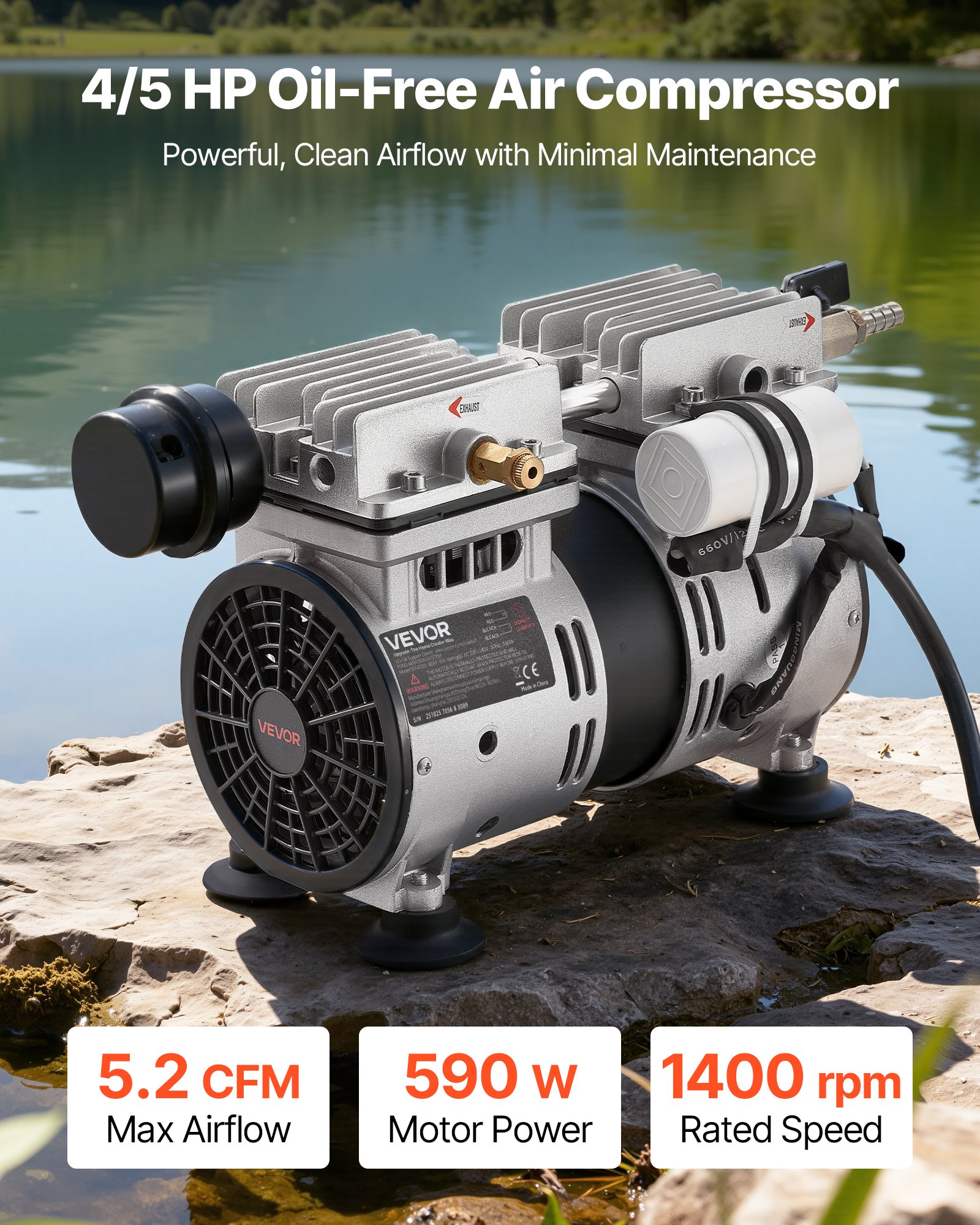 Aerator do oczek wodnych VEVOR, kompresor powietrza o mocy 590 W, prędkość znamionowa 1400 obr./min, pompa napowietrzająca do oczek wodnych, maks. ciśnienie 0,3 MPa, regulowana temperatura od -5°C do 40°C, z timerem, idealny do oczek wodnych i ogrodów wodnych