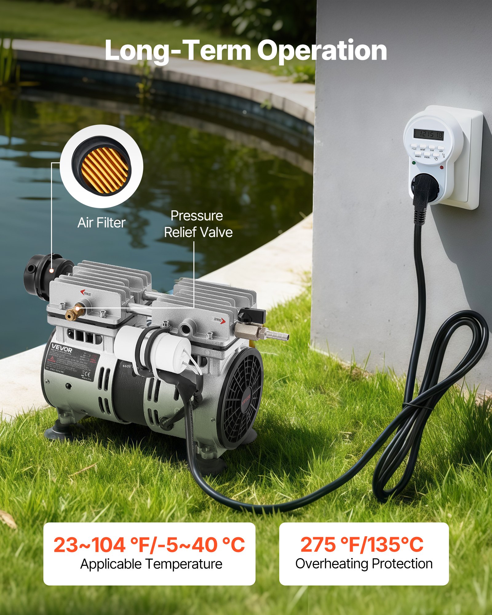 Aerator do oczek wodnych VEVOR, kompresor powietrza o mocy 590 W, prędkość znamionowa 1400 obr./min, pompa napowietrzająca do oczek wodnych, maks. ciśnienie 0,3 MPa, regulowana temperatura od -5°C do 40°C, z timerem, idealny do oczek wodnych i ogrodów wodnych