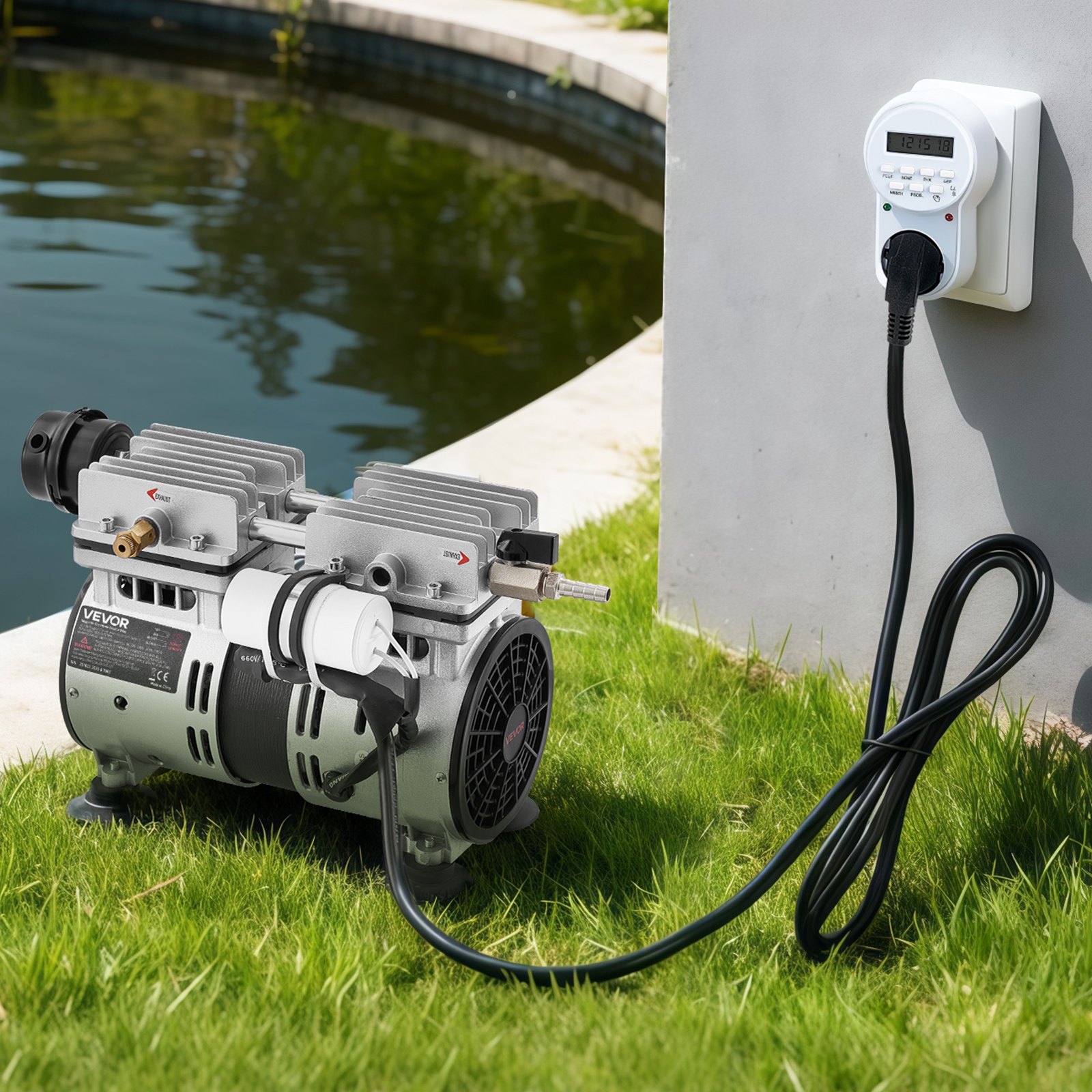 Aerator do oczek wodnych VEVOR, kompresor powietrza o mocy 590 W, prędkość znamionowa 1400 obr./min, pompa napowietrzająca do oczek wodnych, maks. ciśnienie 0,3 MPa, regulowana temperatura od -5°C do 40°C, z timerem, idealny do oczek wodnych i ogrodów wodnych