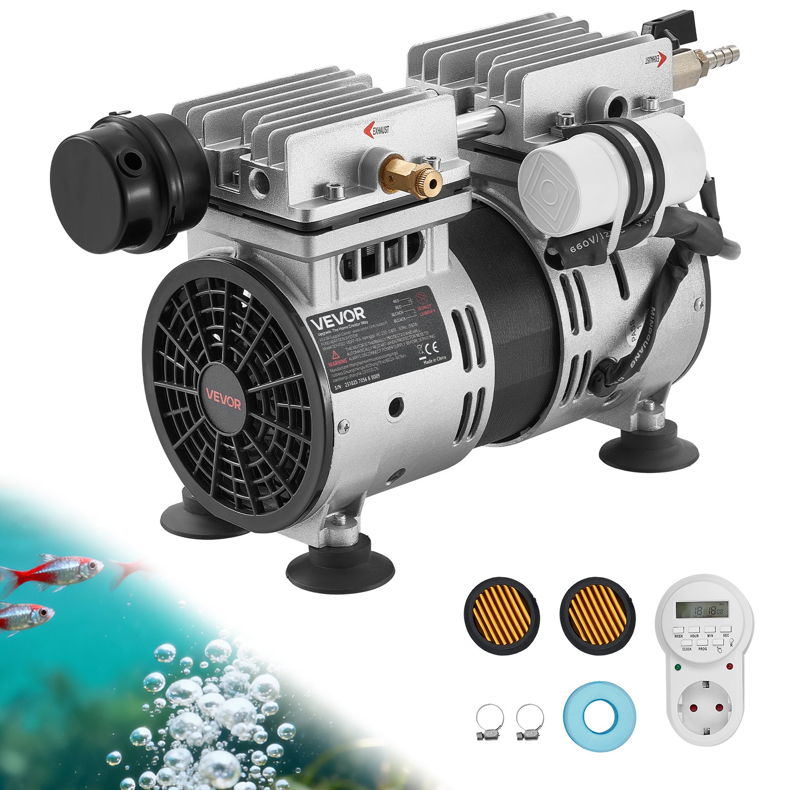 Aerator do oczek wodnych VEVOR, kompresor powietrza o mocy 590 W, prędkość znamionowa 1400 obr./min, pompa napowietrzająca do oczek wodnych, maks. ciśnienie 0,3 MPa, regulowana temperatura od -5°C do 40°C, z timerem, idealny do oczek wodnych i ogrodów wodnych