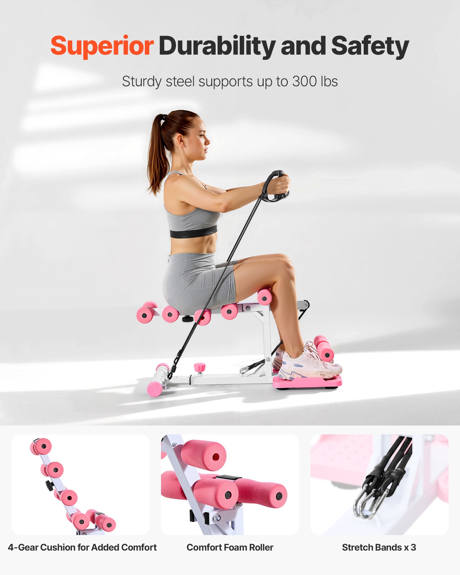 VEVOR Deep Squat Machine, Adjustable Glutes Trainer Machine with 3 High-Strength Resistance Bands, Folding Core Leg & Glutes Exercise Trainer, Push Up Workout Equipment at Home Gym, Pink + White