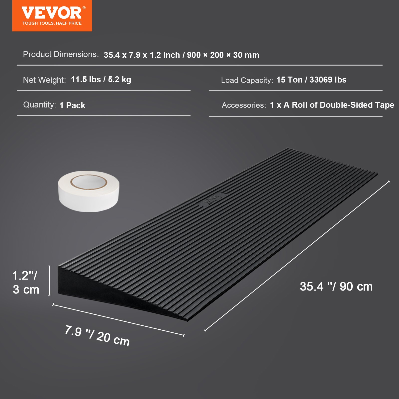 Rampa progowa VEVOR z pełnej gumy, progowa, maks. nośność do 15 ton, rampa krawężnikowa 90x20x3 cm, rampa dla wózków inwalidzkich z dwustronną taśmą klejącą, rampa dostępowa, gumowa, samoprzylepna