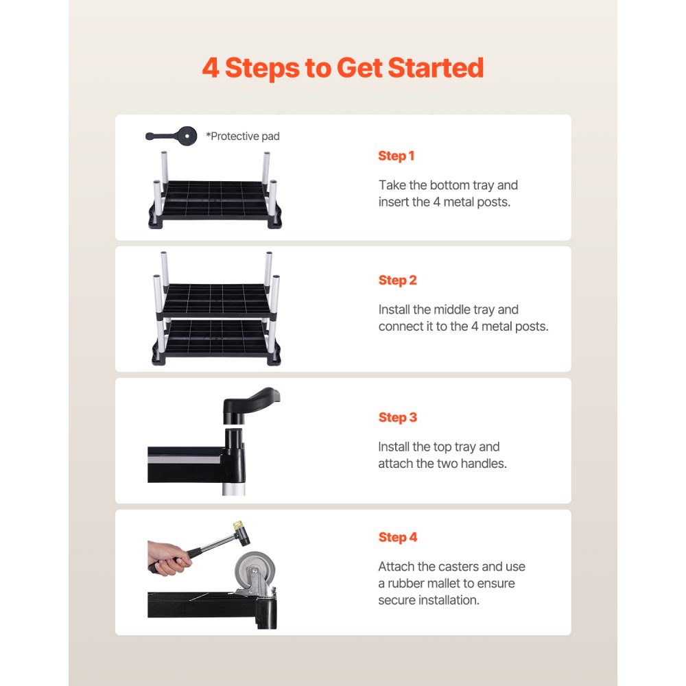 Wózek wielofunkcyjny VEVOR, udźwig 226 kg, 3-poziomowy plastikowy wózek narzędziowy z kołami obrotowymi 360° (2 z hamulcami), 106 x 49 x 98 cm, duży wózek do serwowania do magazynu, biura, domu, restauracji, kuchni