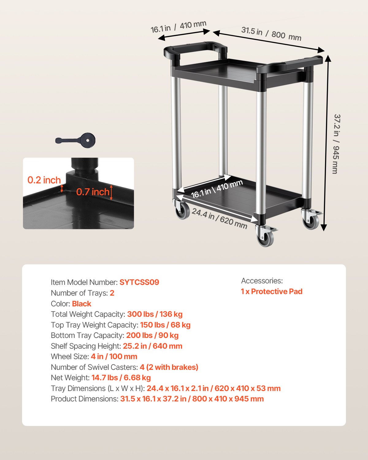 Wózek wielofunkcyjny VEVOR, udźwig 136 kg, 2-poziomowy plastikowy wózek narzędziowy z kołami obrotowymi 360° (2 z hamulcami), 800 x 410 x 945 mm, duży wózek do serwowania do magazynu, biura, domu, restauracji, kuchni