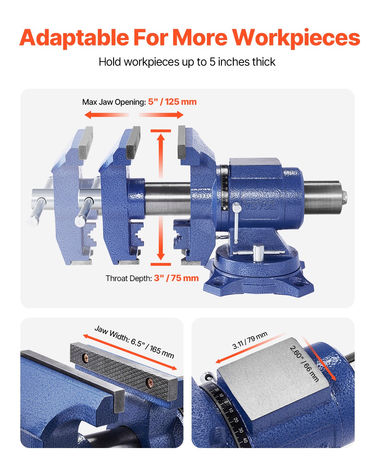 Imadło VEVOR Heavy-Duty, szerokość szczęki 165 mm, maks. rozwarcie szczęk 125 mm, wielofunkcyjne imadło z żeliwa sferoidalnego z kowadłem, głowica obrotowa 360°, gardziel 75 mm, siła zacisku 24,98 kN