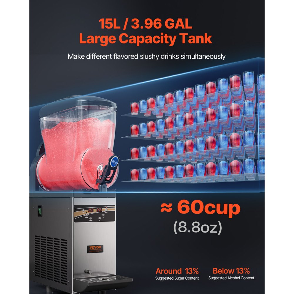 VEVOR Maszyna do Mrożonych Napojów Pośniegowych 15 L Komercyjna Maszyna do Margarity 500 W Gładka Maszyna Materiał Wysokiej Jakości Łatwy w Użyciu aby Usprawnić i Zwiększyć Obsługę Mrożonych Napojów