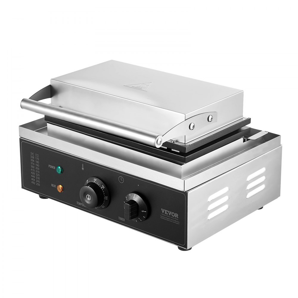 Gofrownica VEVOR Commercial 1550 W, stal nierdzewna, powłoka nieprzywierająca, regulacja temperatury i czasu, uchwyt, do restauracji, piekarni, barów i przekąsek, 10 prostokątnych gofrów