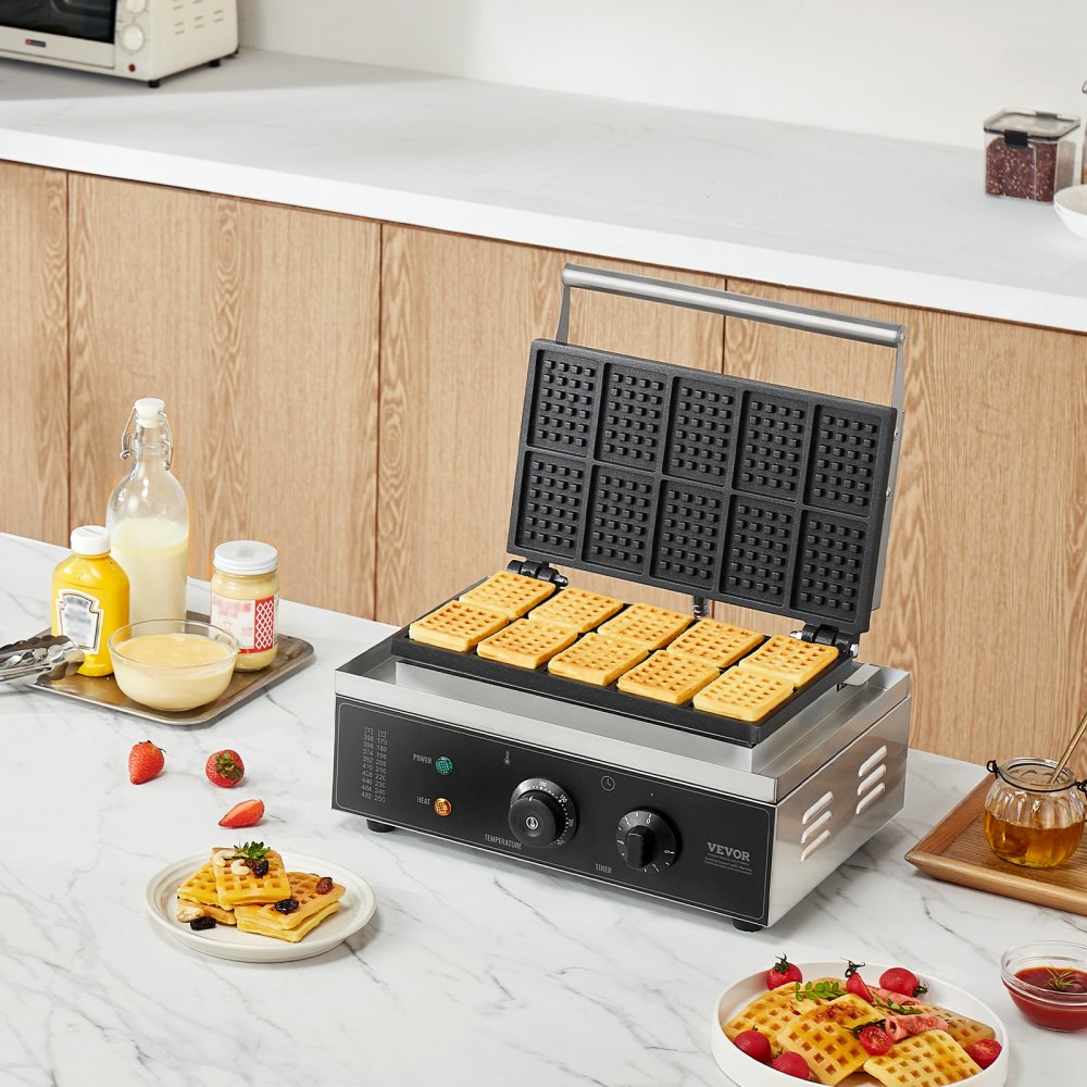 Gofrownica VEVOR Commercial 1550 W, stal nierdzewna, powłoka nieprzywierająca, regulacja temperatury i czasu, uchwyt, do restauracji, piekarni, barów i przekąsek, 10 prostokątnych gofrów
