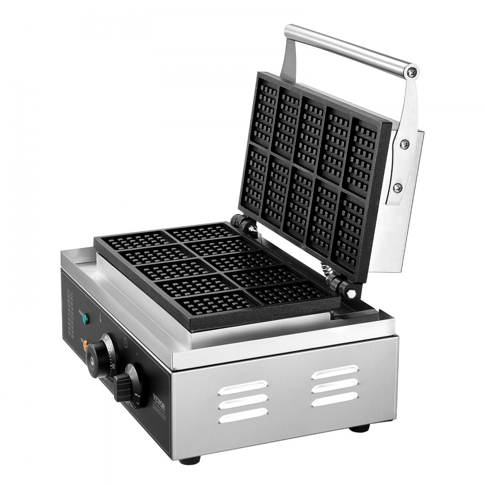 Gofrownica VEVOR Commercial 1550 W, stal nierdzewna, powłoka nieprzywierająca, regulacja temperatury i czasu, uchwyt, do restauracji, piekarni, barów i przekąsek, 10 prostokątnych gofrów