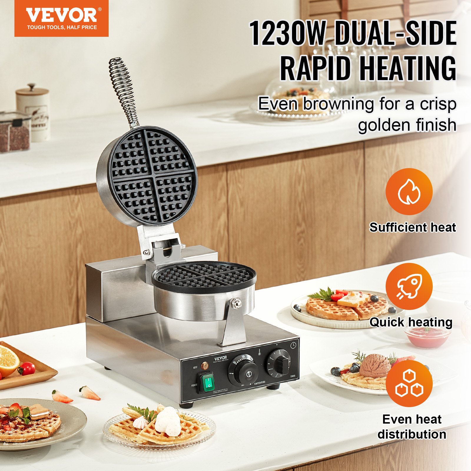 Gofrownica VEVOR Commercial 1230 W, gofrownica z powierzchniami do pieczenia z powłoką zapobiegającą przywieraniu, stal nierdzewna, z kontrolą temperatury i czasu, do piekarni restauracyjnych, 4 gofry w kształcie wachlarza