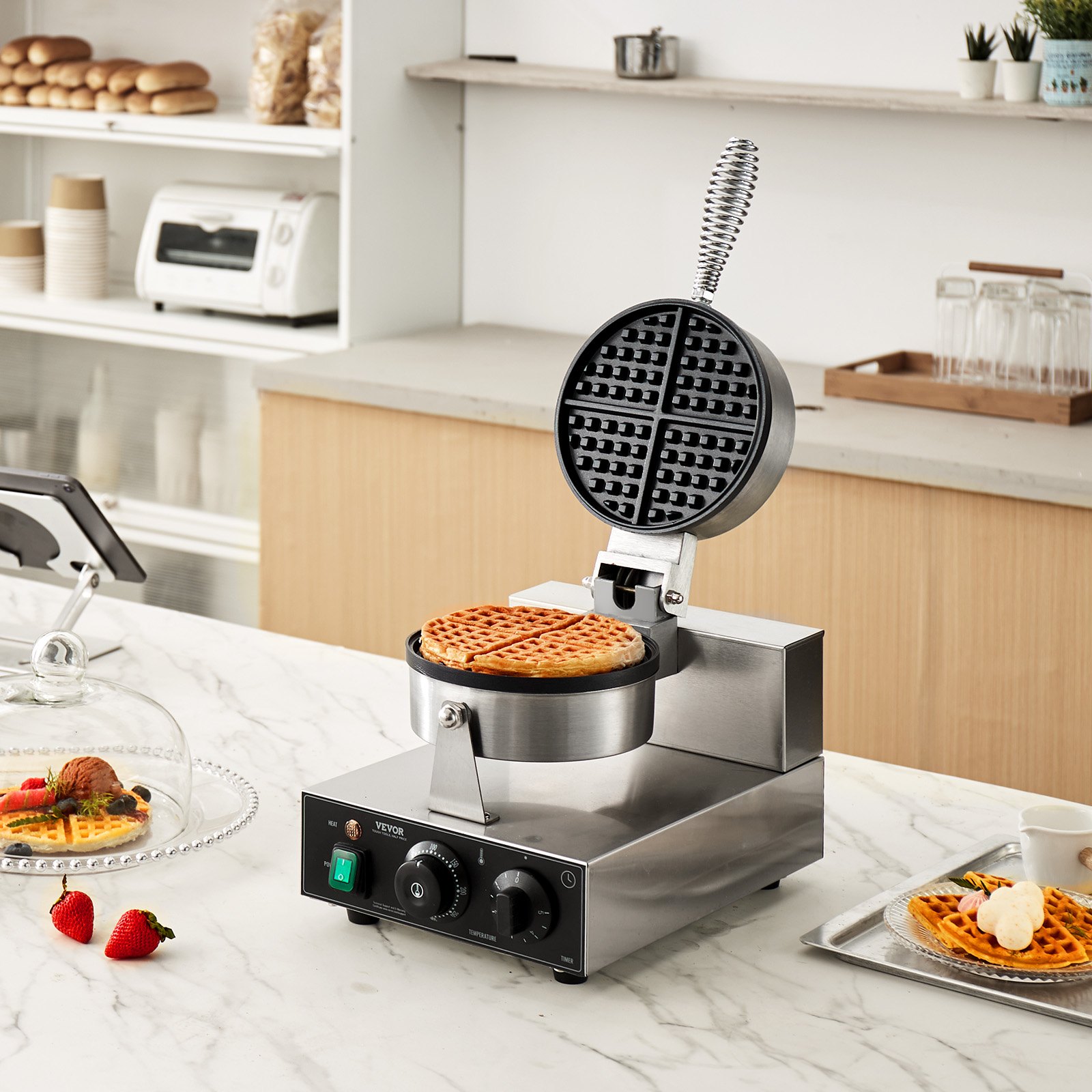 Gofrownica VEVOR Commercial 1230 W, gofrownica z powierzchniami do pieczenia z powłoką zapobiegającą przywieraniu, stal nierdzewna, z kontrolą temperatury i czasu, do piekarni restauracyjnych, 4 gofry w kształcie wachlarza