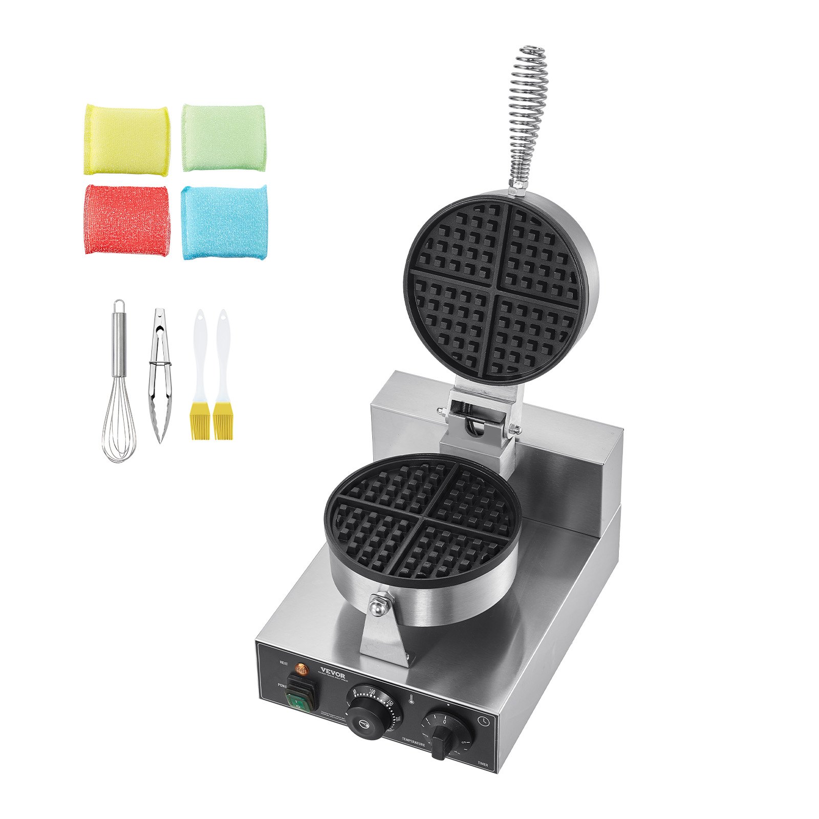 Gofrownica VEVOR Commercial 1230 W, gofrownica z powierzchniami do pieczenia z powłoką zapobiegającą przywieraniu, stal nierdzewna, z kontrolą temperatury i czasu, do piekarni restauracyjnych, 4 gofry w kształcie wachlarza