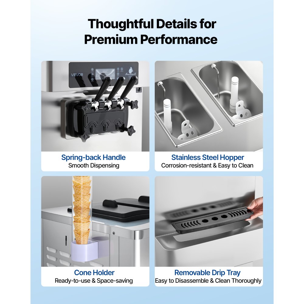 VEVOR Wolnostojąca maszyna do lodów miękkich 20-28 l/h, maszyna do lodów 2200 W, komercyjna maszyna do lodów z 3 smakami i 2 pojemnikami o pojemności 6 litrów, funkcją wstępnego chłodzenia i ostrzegania o niskim poziomie mieszanki