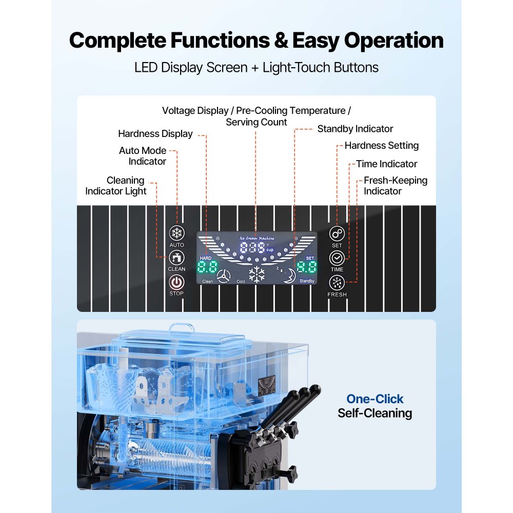 VEVOR Komercyjna maszyna do lodów o wydajności 20-28 l/h, maszyna do lodów miękkich o mocy 2200 W z 2 pojemnikami 6 l, funkcją wstępnego chłodzenia, funkcją samoczyszczenia i wyświetlaczem LED, urządzenie stołowe do barów przekąskowych, cukierni i kawiarni, kolor srebrny