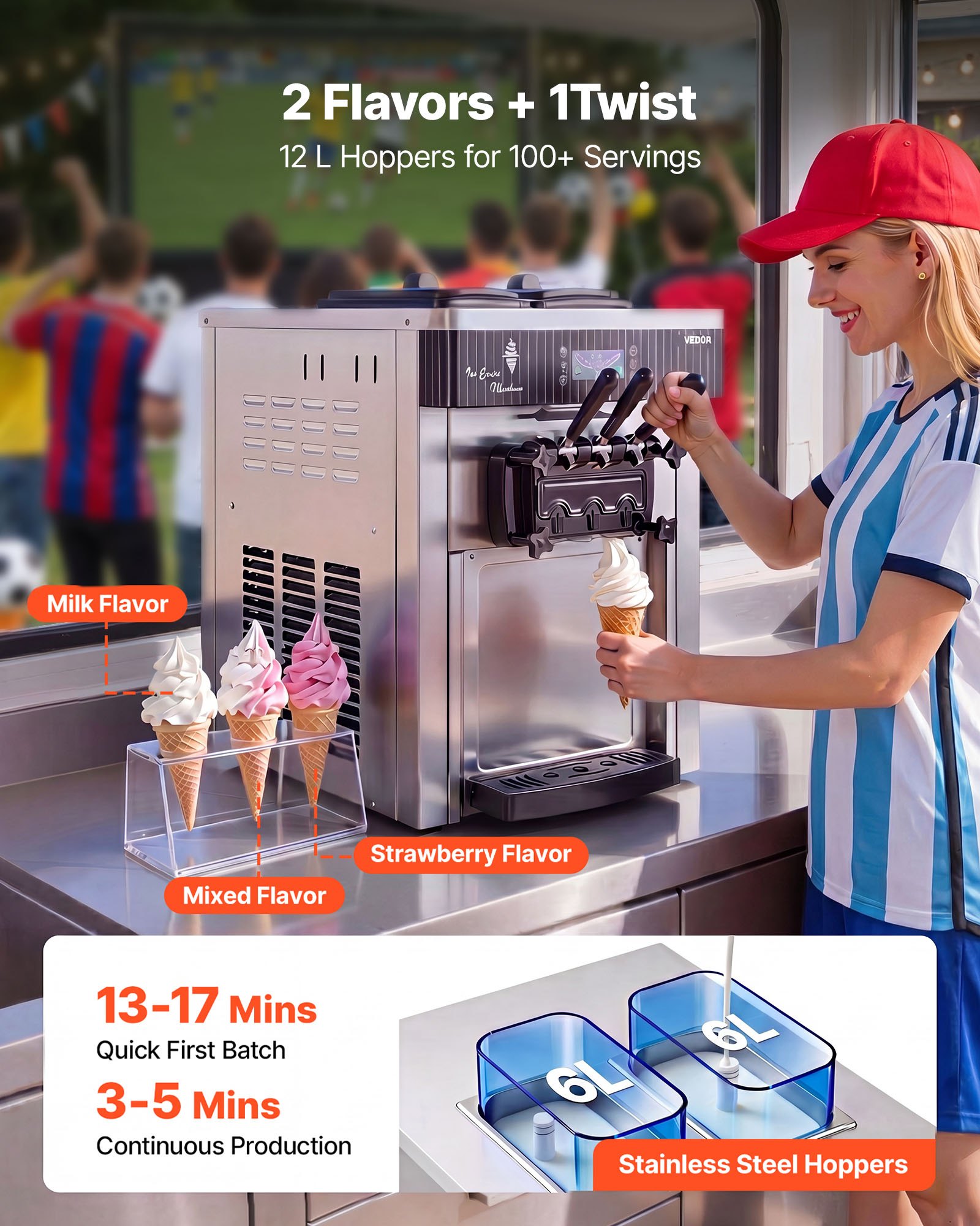 VEVOR Komercyjna maszyna do lodów o wydajności 20-28 l/h, maszyna do lodów miękkich o mocy 2200 W z 2 pojemnikami 6 l, funkcją wstępnego chłodzenia, funkcją samoczyszczenia i wyświetlaczem LED, urządzenie stołowe do barów przekąskowych, cukierni i kawiarni, kolor srebrny