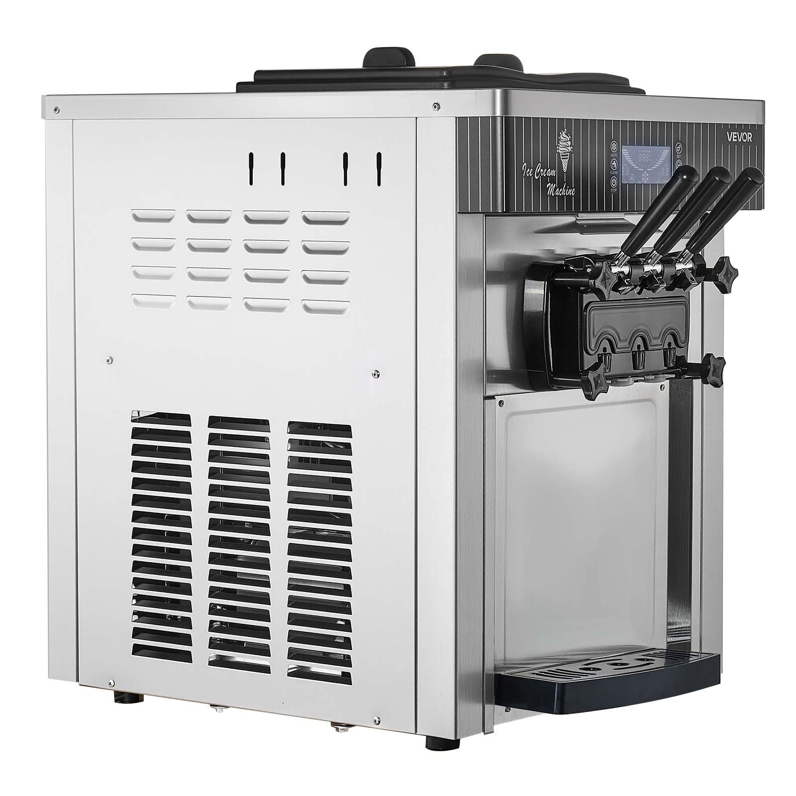 VEVOR Komercyjna maszyna do lodów o wydajności 20-28 l/h, maszyna do lodów miękkich o mocy 2200 W z 2 pojemnikami 6 l, funkcją wstępnego chłodzenia, funkcją samoczyszczenia i wyświetlaczem LED, urządzenie stołowe do barów przekąskowych, cukierni i kawiarni, kolor srebrny