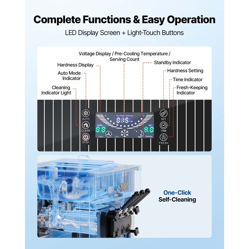 VEVOR Komercyjna maszyna do lodów miękkich o mocy 2200 W, wolnostojąca maszyna do lodów o wydajności 20–28 l/h, z 3 smakami i 2 pojemnikami (6 l), z funkcją wstępnego chłodzenia i samoczyszczenia, przeznaczona do sklepów z przekąskami i deserami