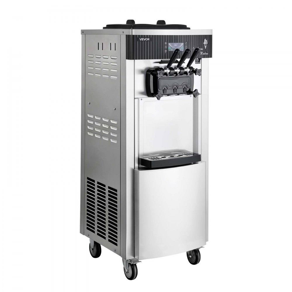 VEVOR Komercyjna maszyna do lodów miękkich o mocy 2200 W, wolnostojąca maszyna do lodów o wydajności 20–28 l/h, z 3 smakami i 2 pojemnikami (6 l), z funkcją wstępnego chłodzenia i samoczyszczenia, przeznaczona do sklepów z przekąskami i deserami