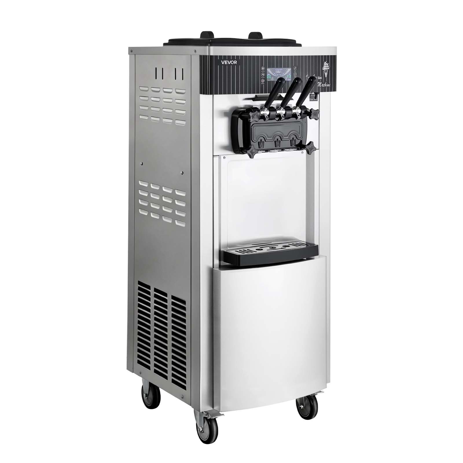 VEVOR Komercyjna maszyna do lodów miękkich o mocy 2200 W, wolnostojąca maszyna do lodów o wydajności 20–28 l/h, z 3 smakami i 2 pojemnikami (6 l), z funkcją wstępnego chłodzenia i samoczyszczenia, przeznaczona do sklepów z przekąskami i deserami