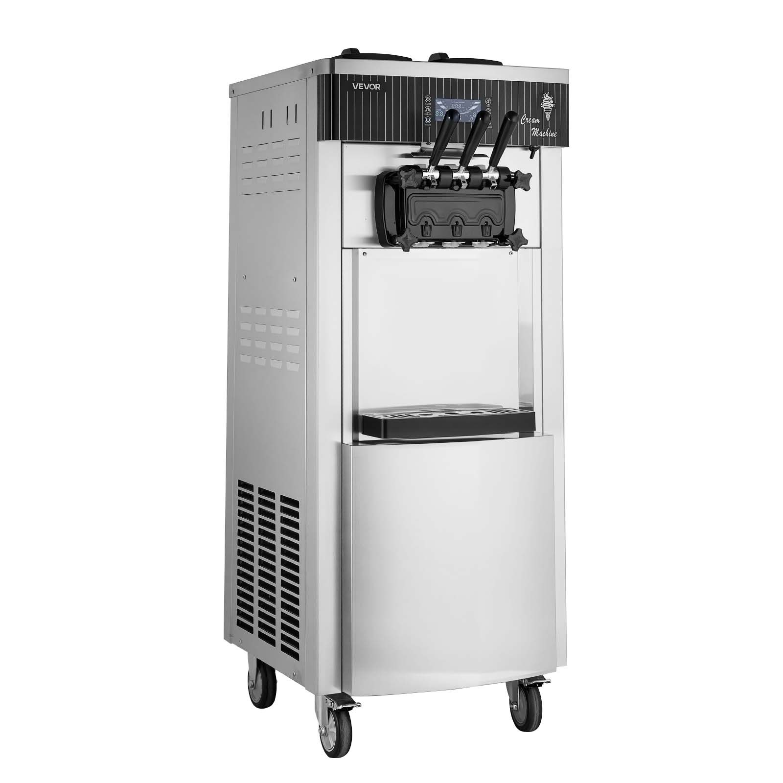 VEVOR Komercyjna maszyna do lodów miękkich o mocy 2200 W, wolnostojąca maszyna do lodów o wydajności 20–28 l/h, z 3 smakami i 2 pojemnikami (6 l), z funkcją wstępnego chłodzenia i samoczyszczenia, przeznaczona do sklepów z przekąskami i deserami